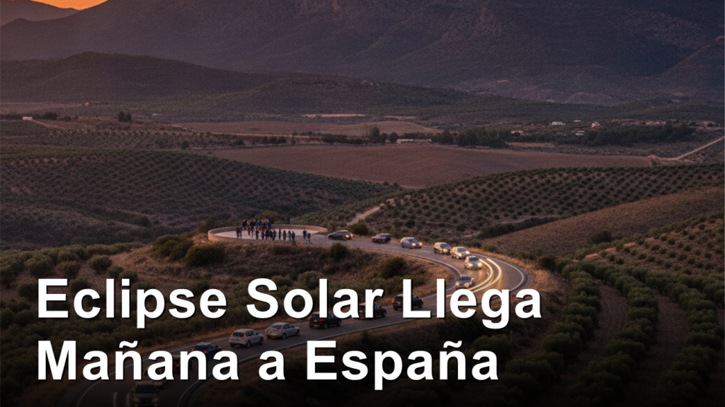 Coches y viajeros en una carretera de Espana camino a ver el eclipse al atardecer