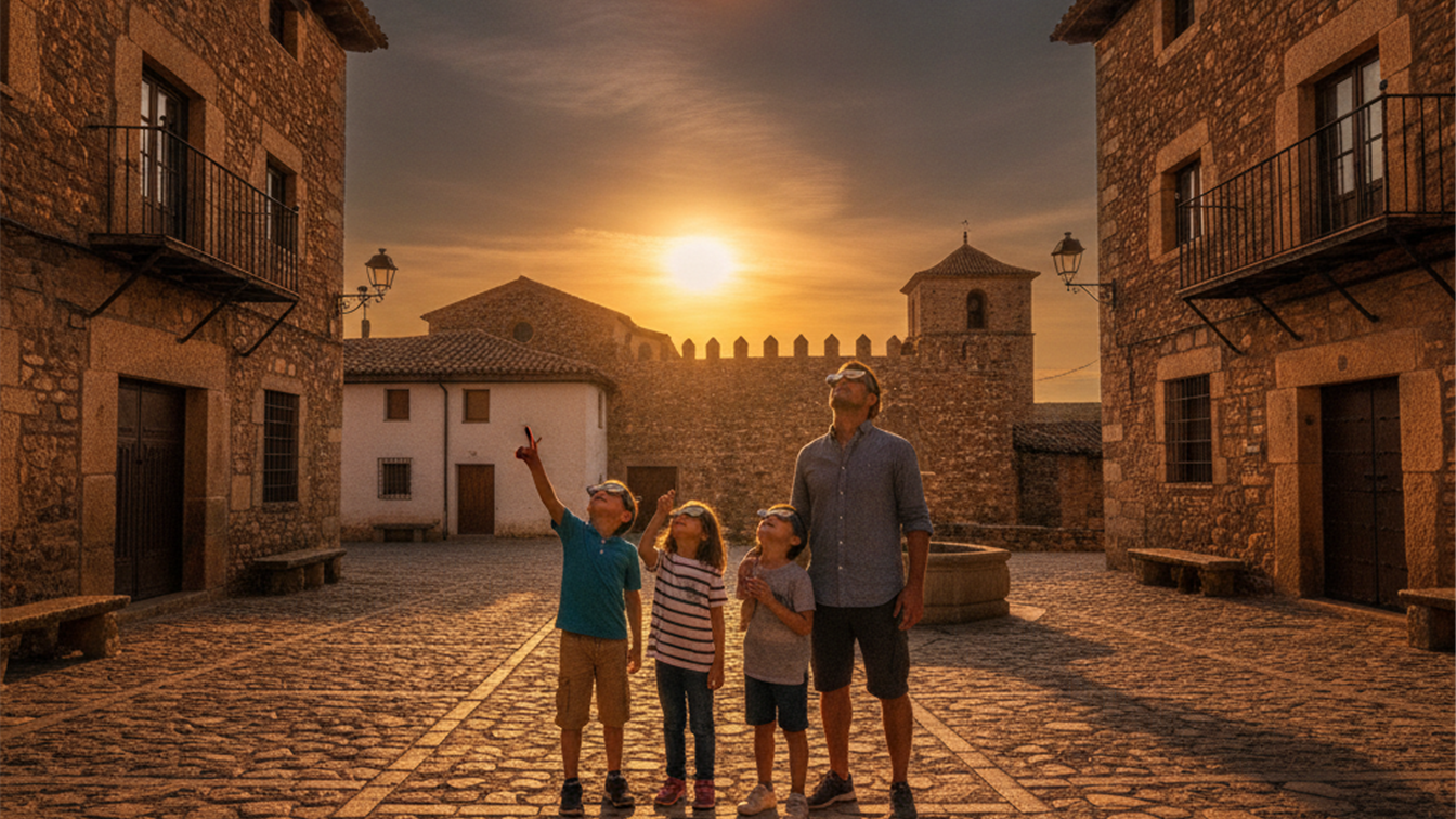 Familia en un pueblo de Espana mirando el cielo con gafas de eclipse al atardecer