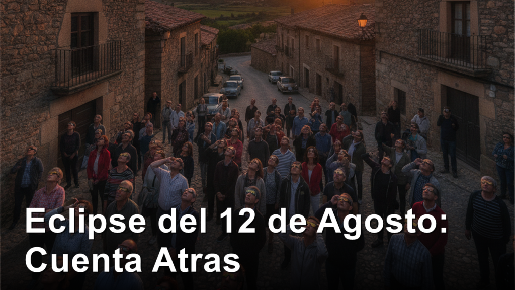 Gente con gafas de eclipse mirando al cielo en un pueblo de Espana al atardecer