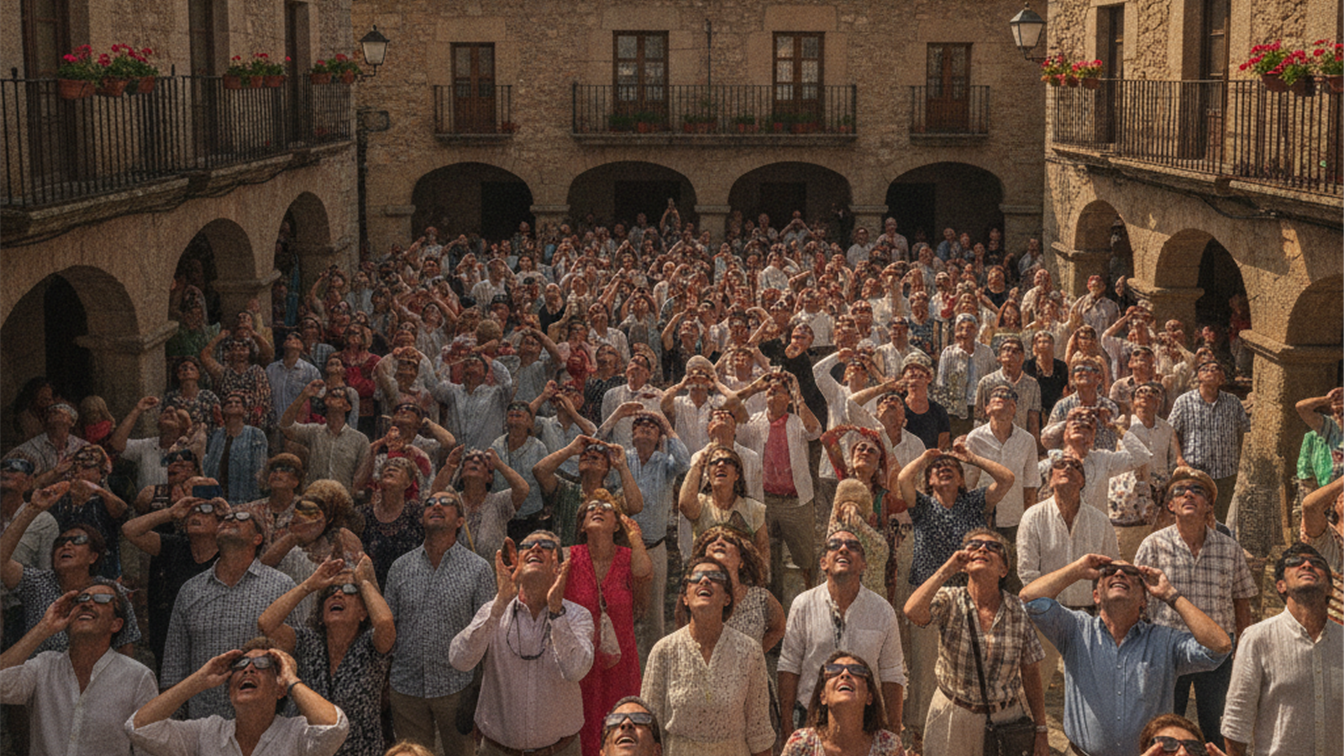 Grupo de personas observando el eclipse solar en una plaza