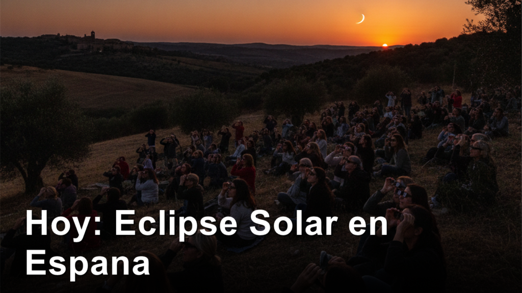 Personas con gafas de eclipse sentadas en una colina al atardecer en Espana