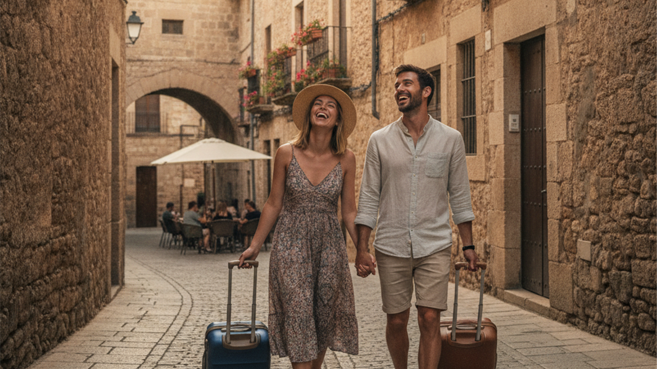 Pareja explorando pueblo historico en escapada de fin de semana