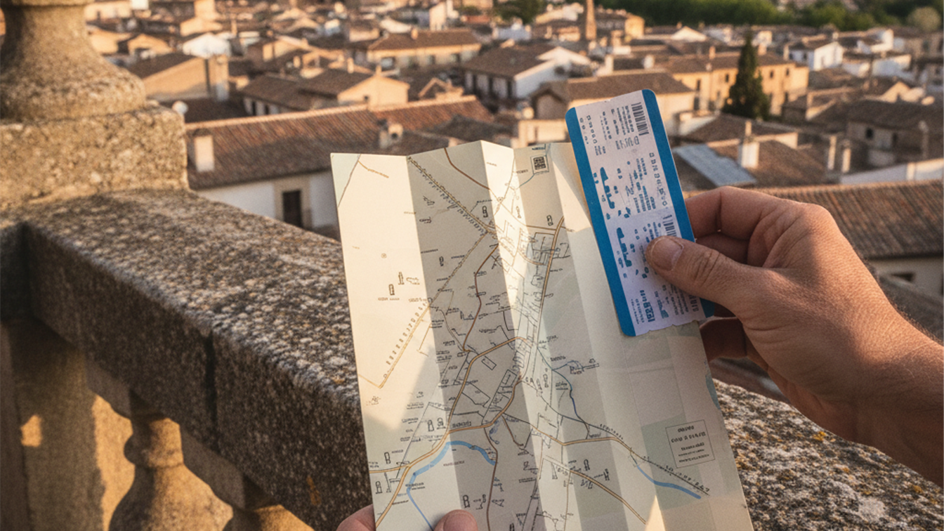 Mapa y billete de tren para planificar escapada de fin de semana
