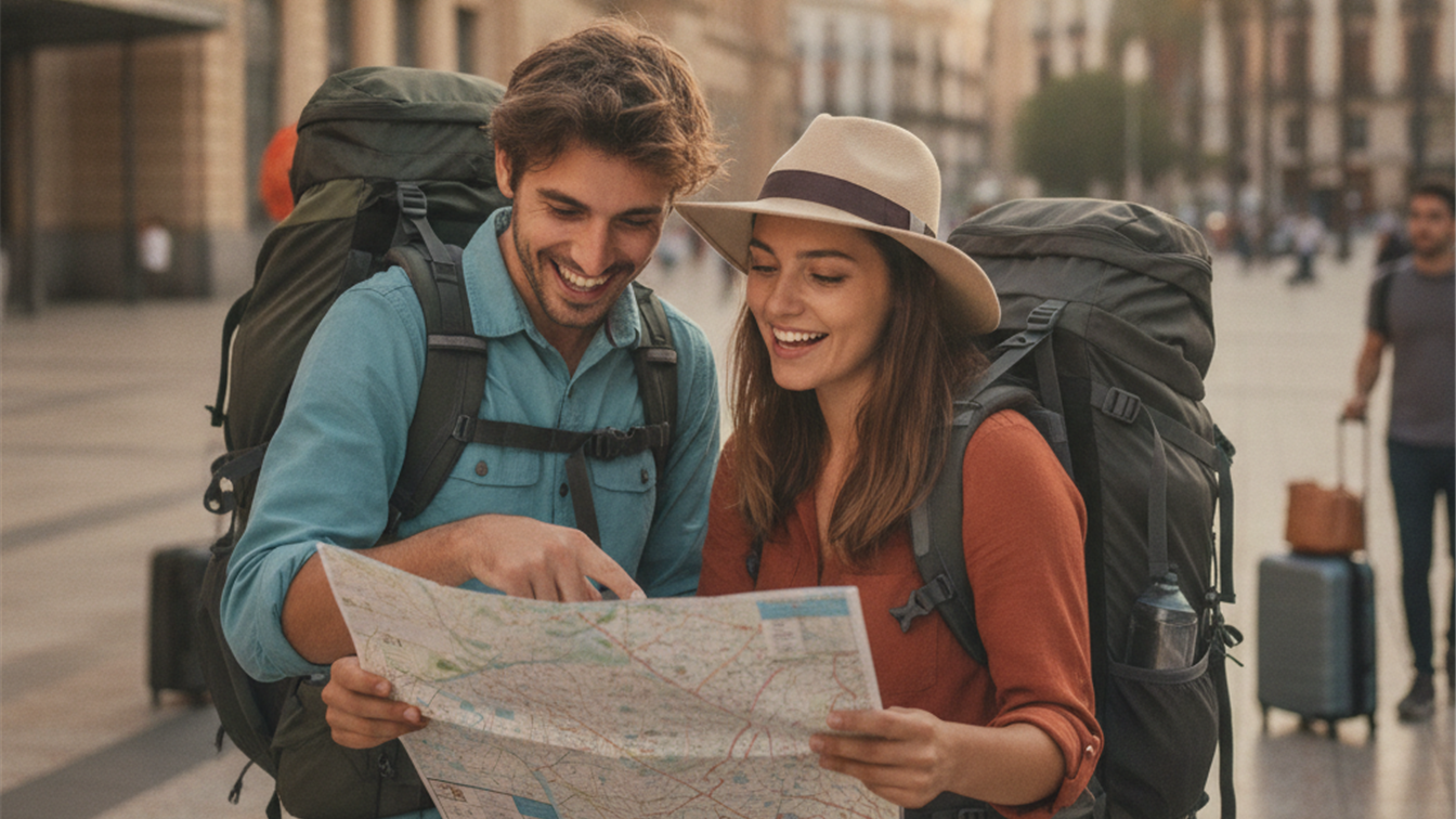 Pareja con mochilas consultando un mapa junto a una estacion de tren
