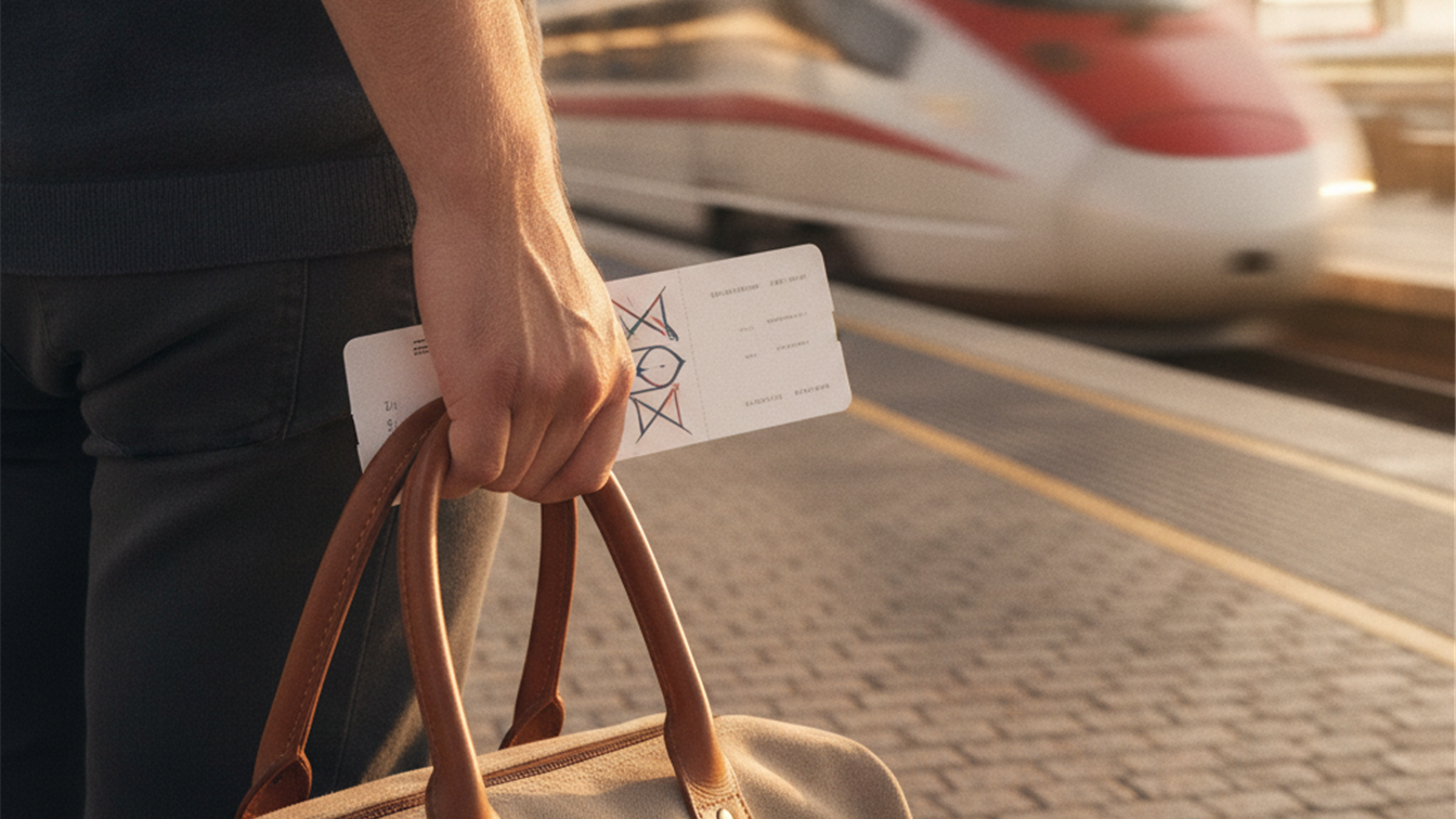 Manos sujetando una tarjeta de embarque y una bolsa de viaje en un anden