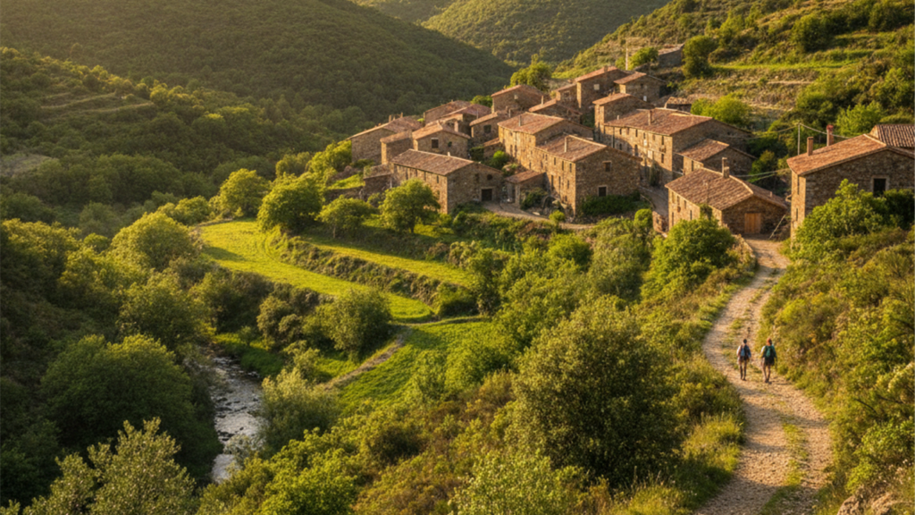 pueblo rural de montana en Espana con sendero de senderismo