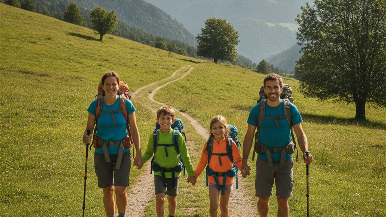 familia haciendo senderismo en una ruta rural de Espana