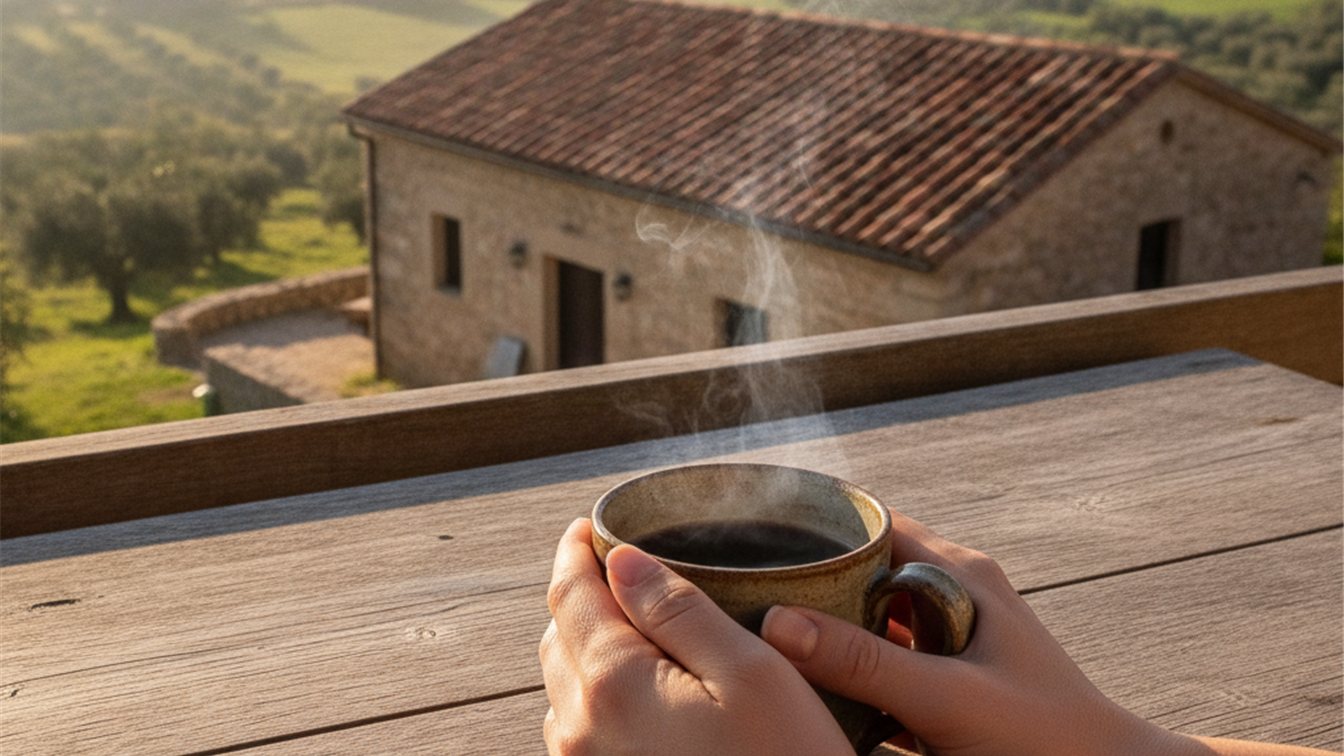 manos sosteniendo cafe en terraza de una casa rural en Espana