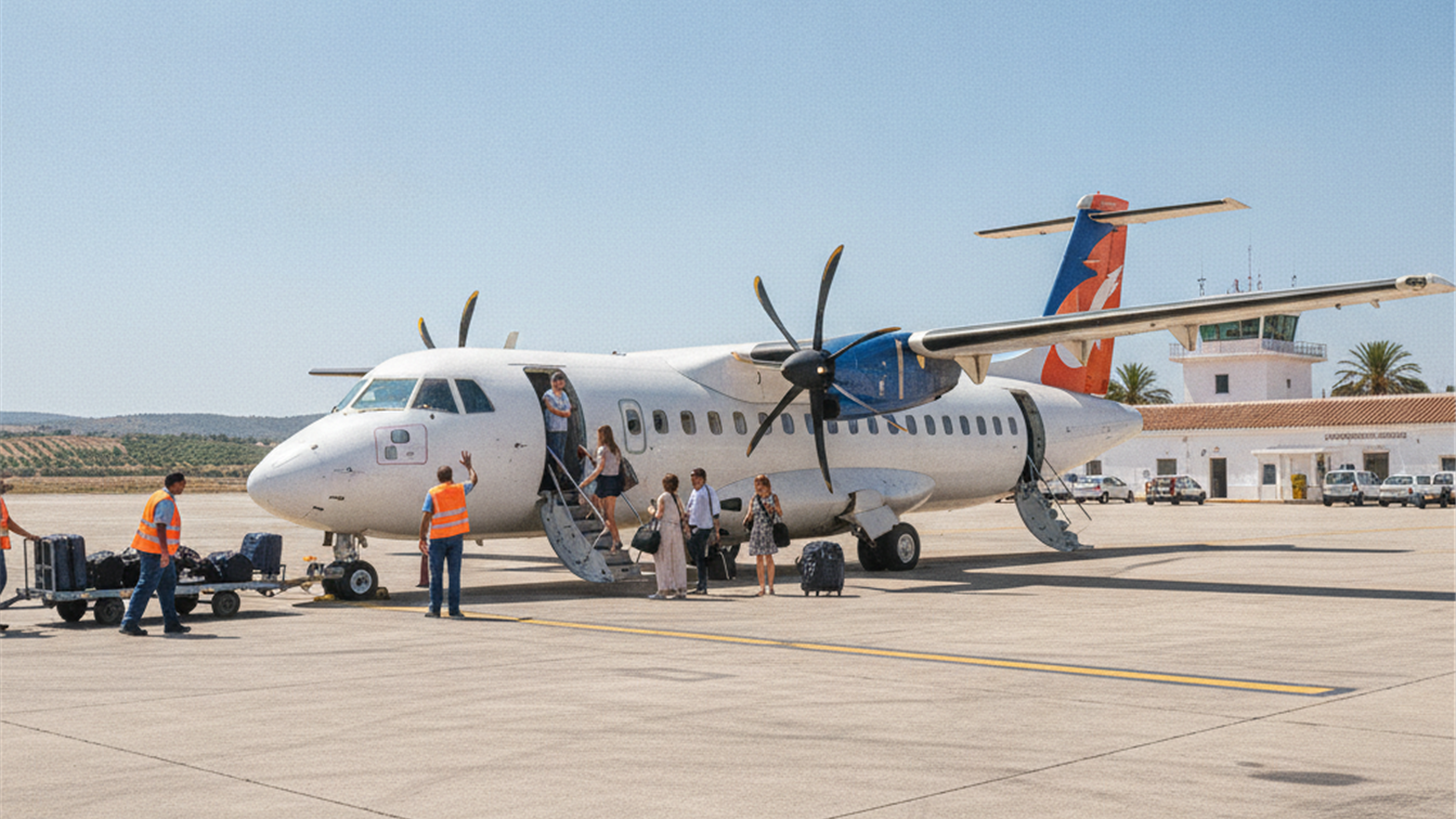 Pequeno avion regional en la pista de un aeropuerto espanol con pasajeros embarcando
