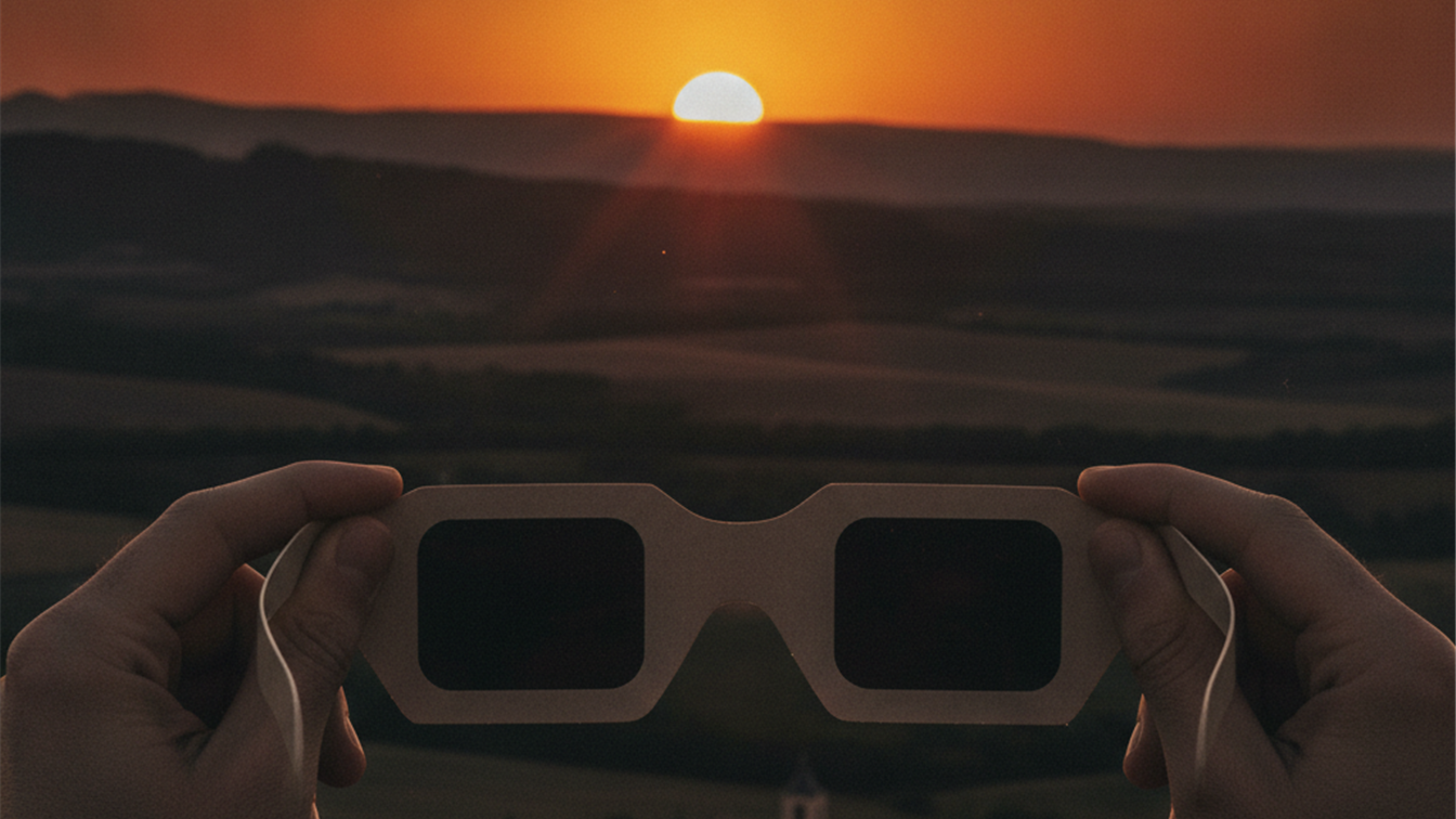 Persona sosteniendo gafas para ver el eclipse solar en el campo espanol al atardecer