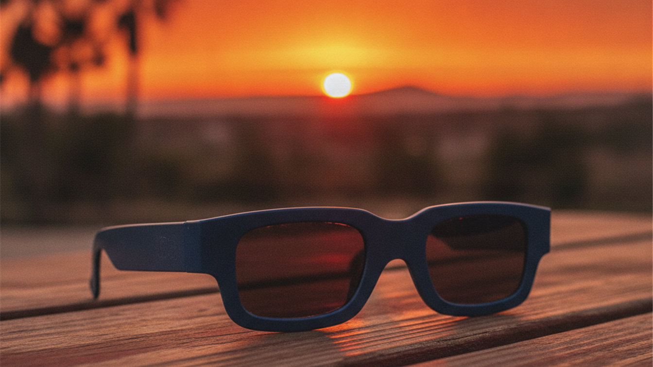 Detalle de unas gafas para ver el eclipse solar con un atardecer de fondo