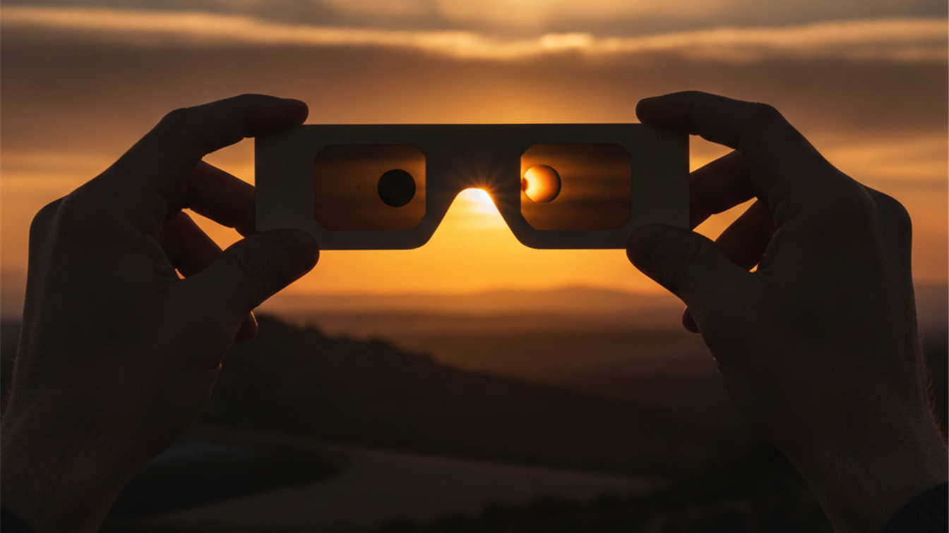 Persona sosteniendo gafas para ver el eclipse solar en el campo espanol