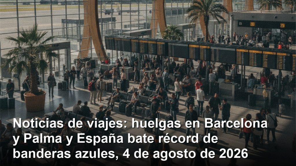 Terminal de aeropuerto en Espana con viajeros y maletas por la huelga de agosto 2026