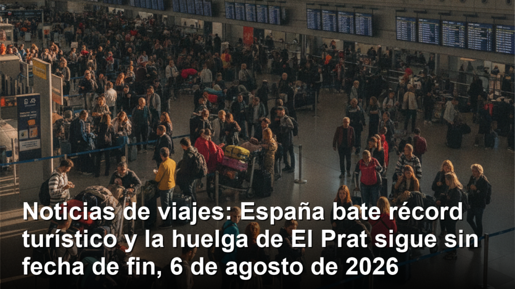 Terminal de aeropuerto en Espana lleno de viajeros con maletas por la huelga de agosto 2026