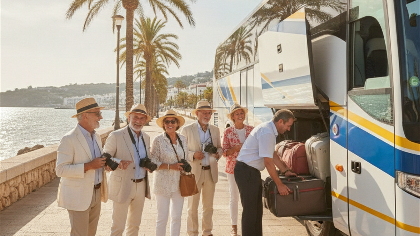 Grupo de turistas mayores subiendo a un autobus en un paseo maritimo soleado