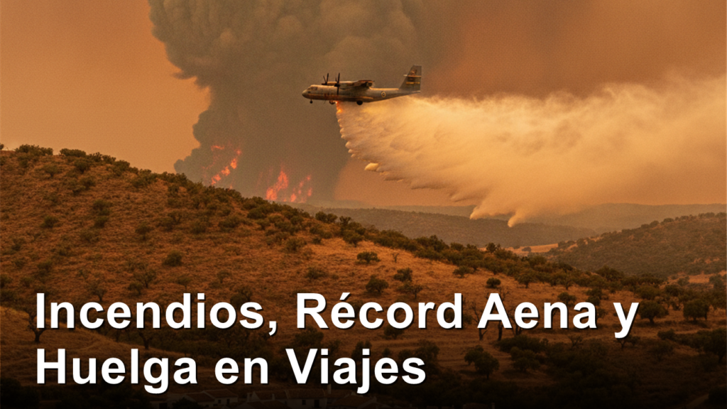 Avion cisterna descargando agua sobre una ladera cerca de un pueblo espanol