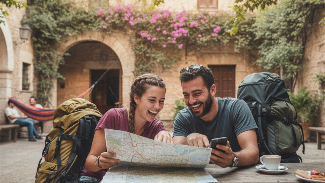 Dos mochileros planificando ruta con mapa en un albergue