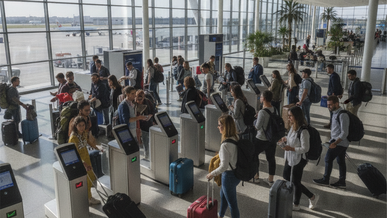 Viajeros pasando por controles electronicos en un aeropuerto