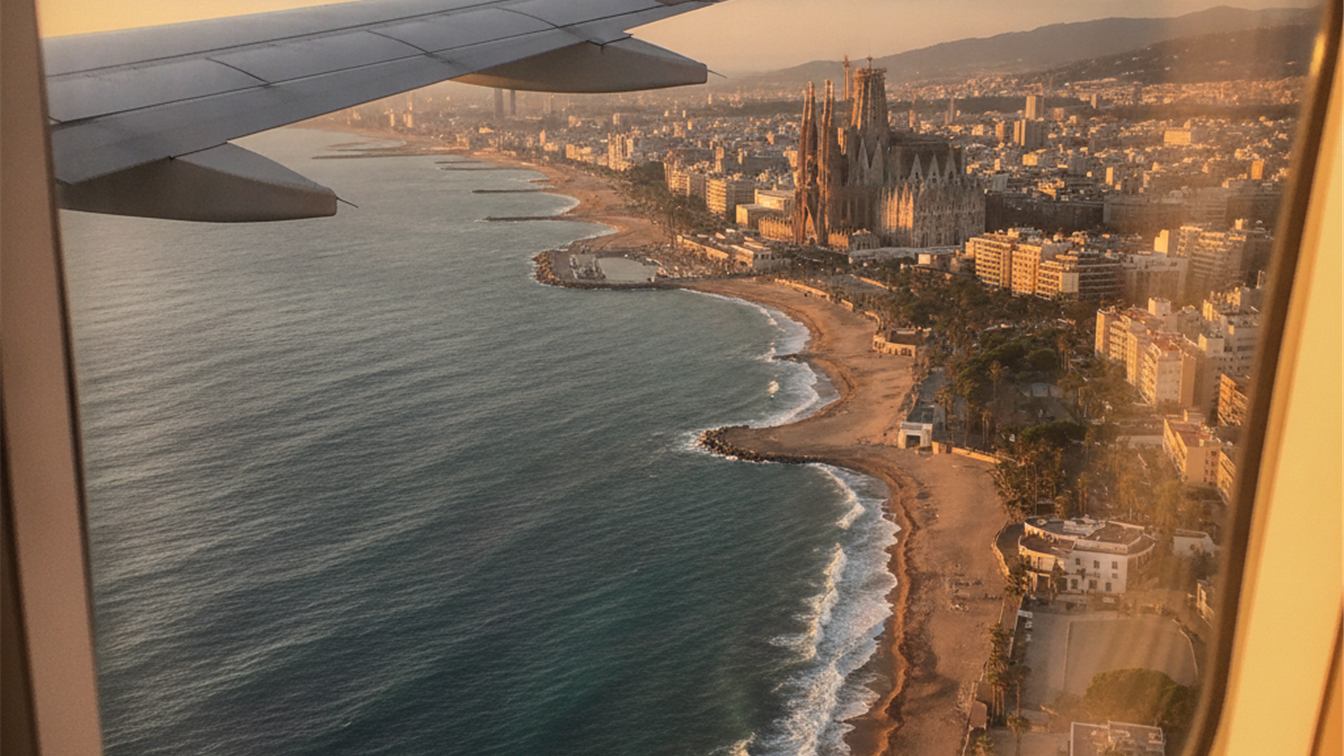 Ala de avion sobrevolando la costa mediterranea cerca de Barcelona