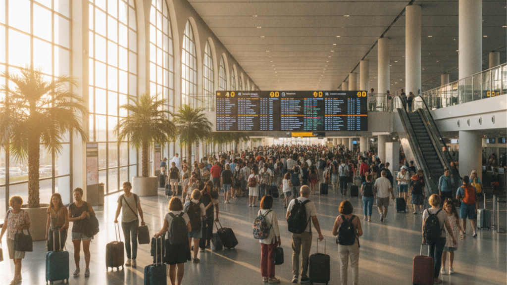 aeropuerto espanol lleno de viajeros durante la temporada alta