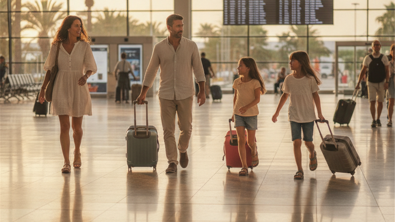 familia con maletas caminando por una terminal de aeropuerto