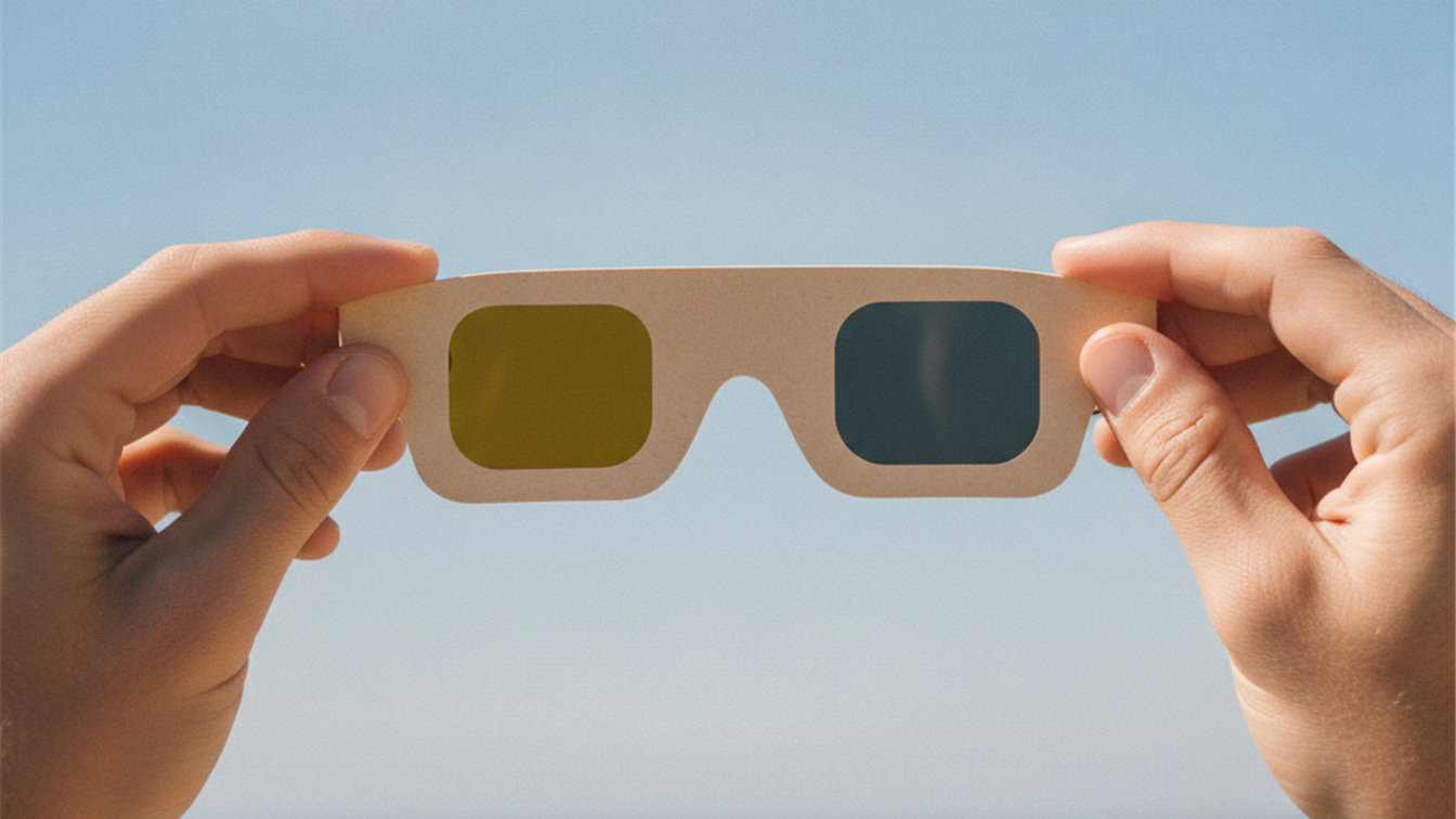 manos sosteniendo gafas homologadas para ver el eclipse solar al aire libre