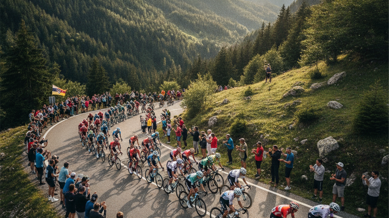 Ciclistas profesionales en una carretera de montaña en España durante una etapa de carrera