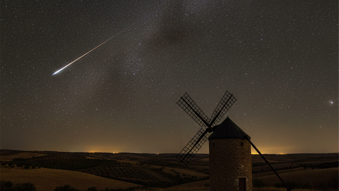 Cielo nocturno estrellado con una estrella fugaz sobre el campo español