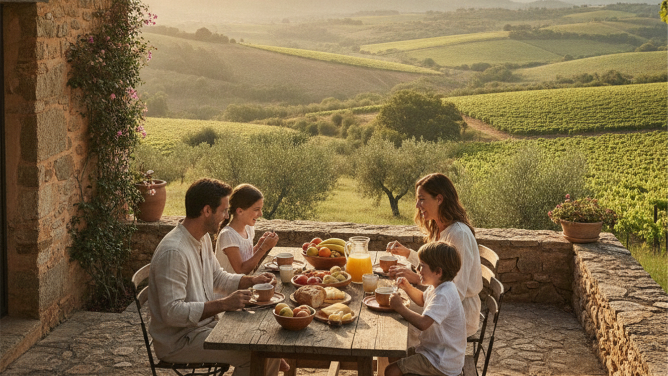 familia desayunando en la terraza de una casa rural rodeada de colinas verdes