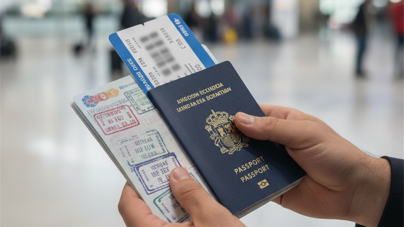 manos sosteniendo un pasaporte abierto con un billete de avion entre las paginas
