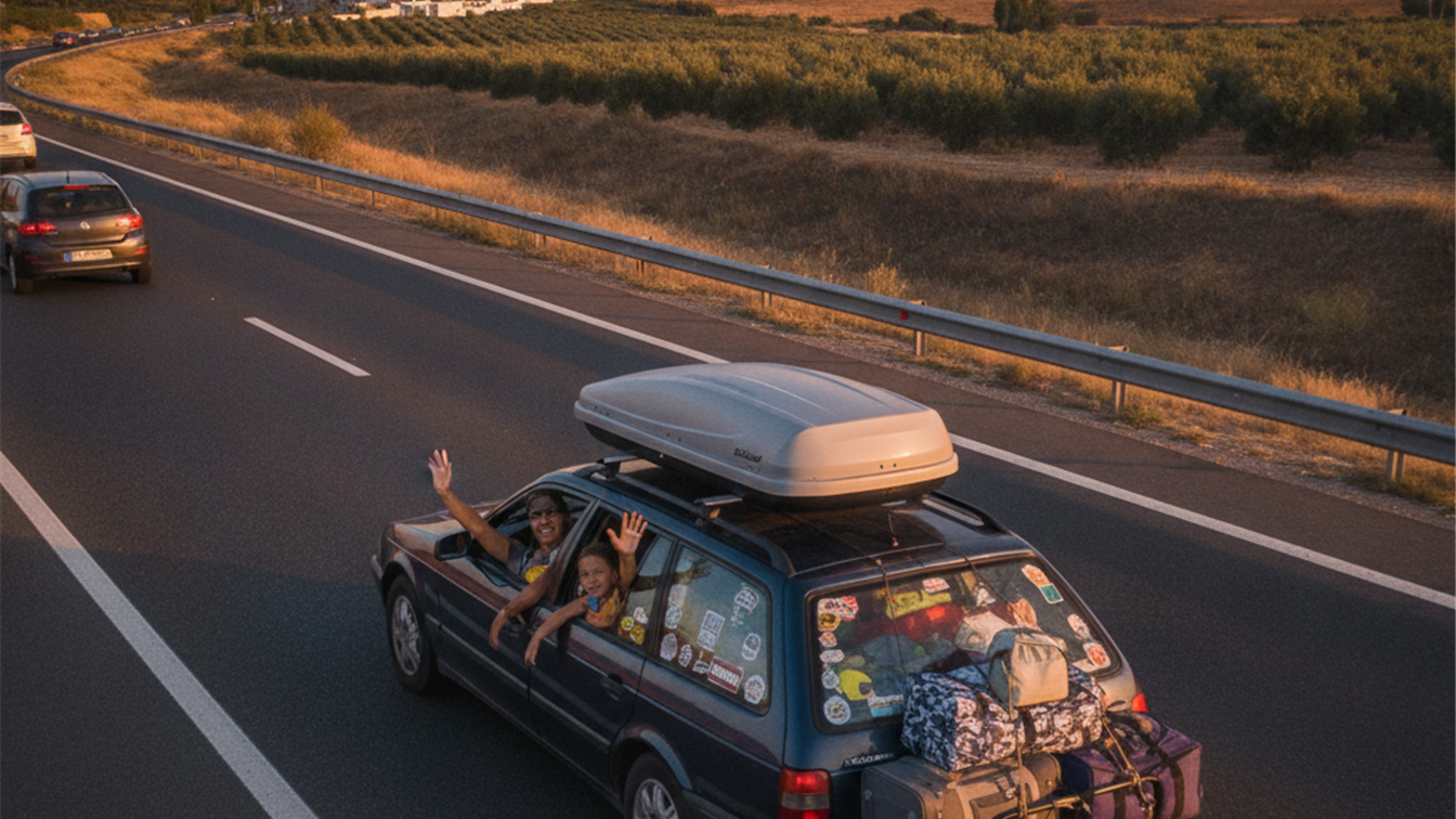 Coche familiar cargado de maletas en una carretera espanola al atardecer
