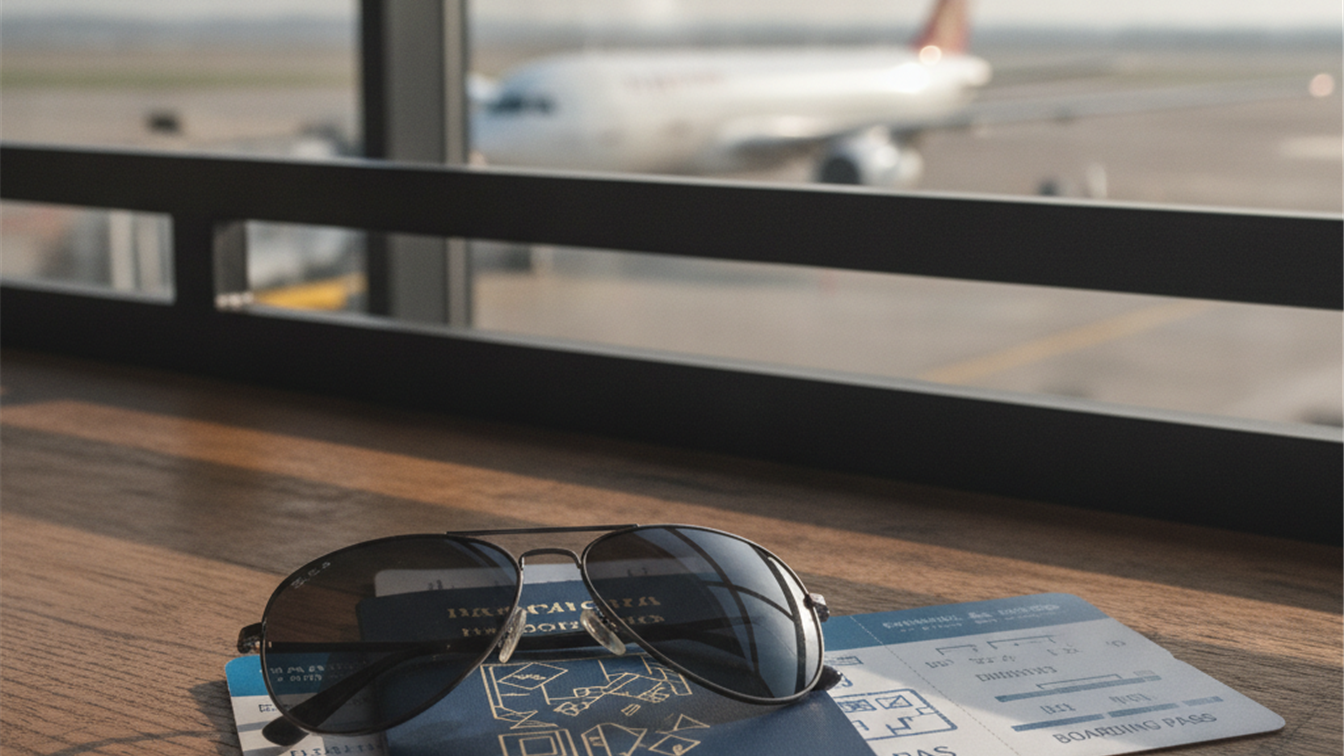 Pasaporte, tarjeta de embarque y gafas de sol sobre una mesa de cafeteria de aeropuerto