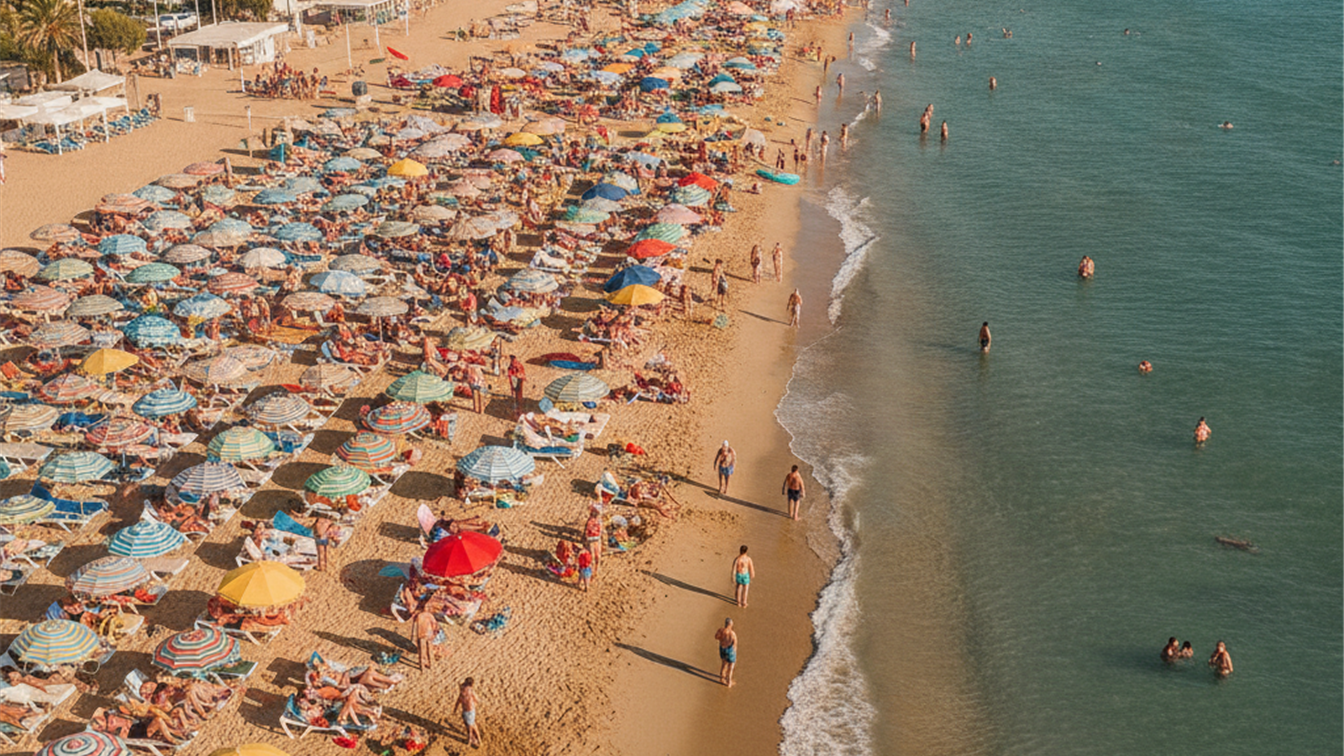 Playa espanola llena de sombrillas y bañistas en agosto 2026