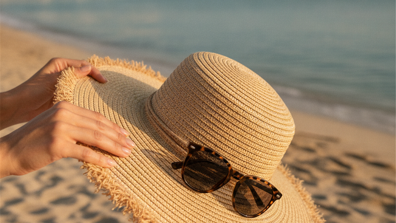 Sombrero de playa y gafas de sol junto al mar en Espana
