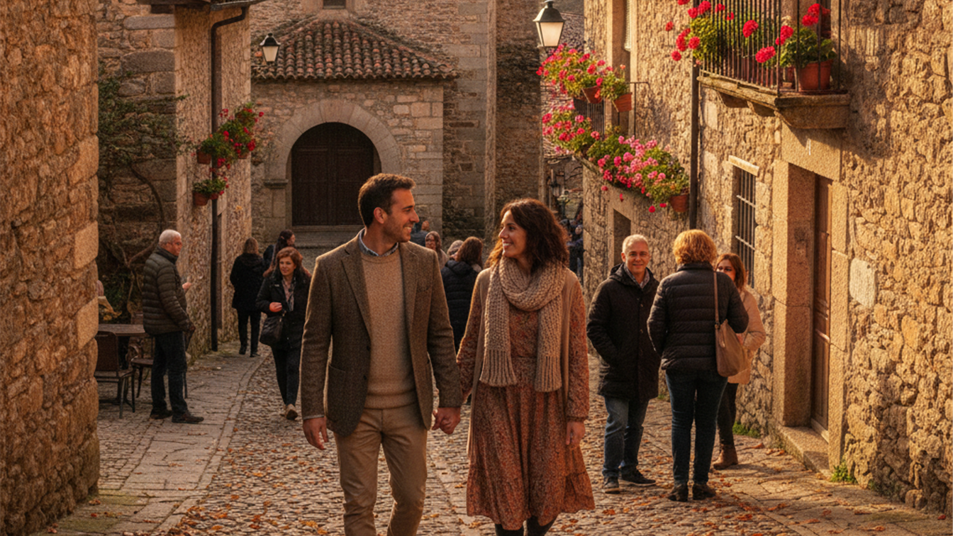Pareja paseando por las calles de un pueblo rural de Espana
