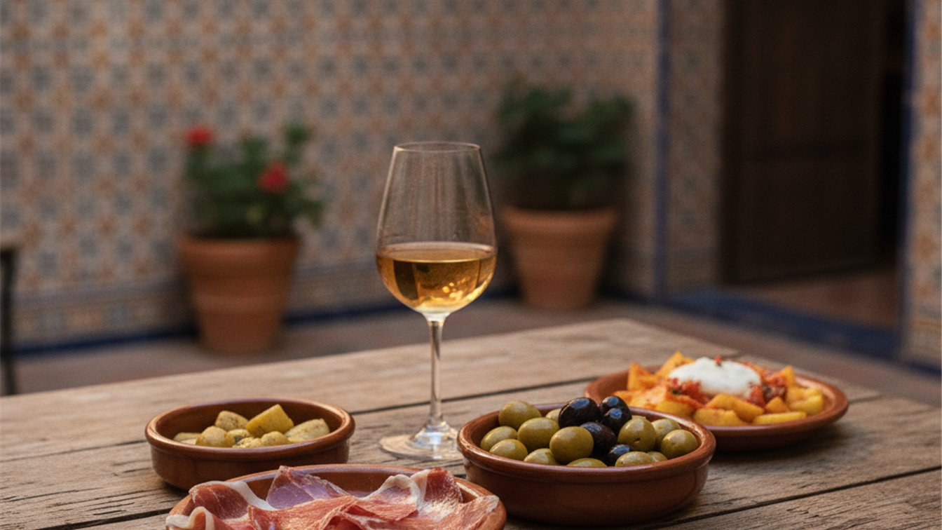 Mesa con tapas y vino de Jerez en un patio andaluz