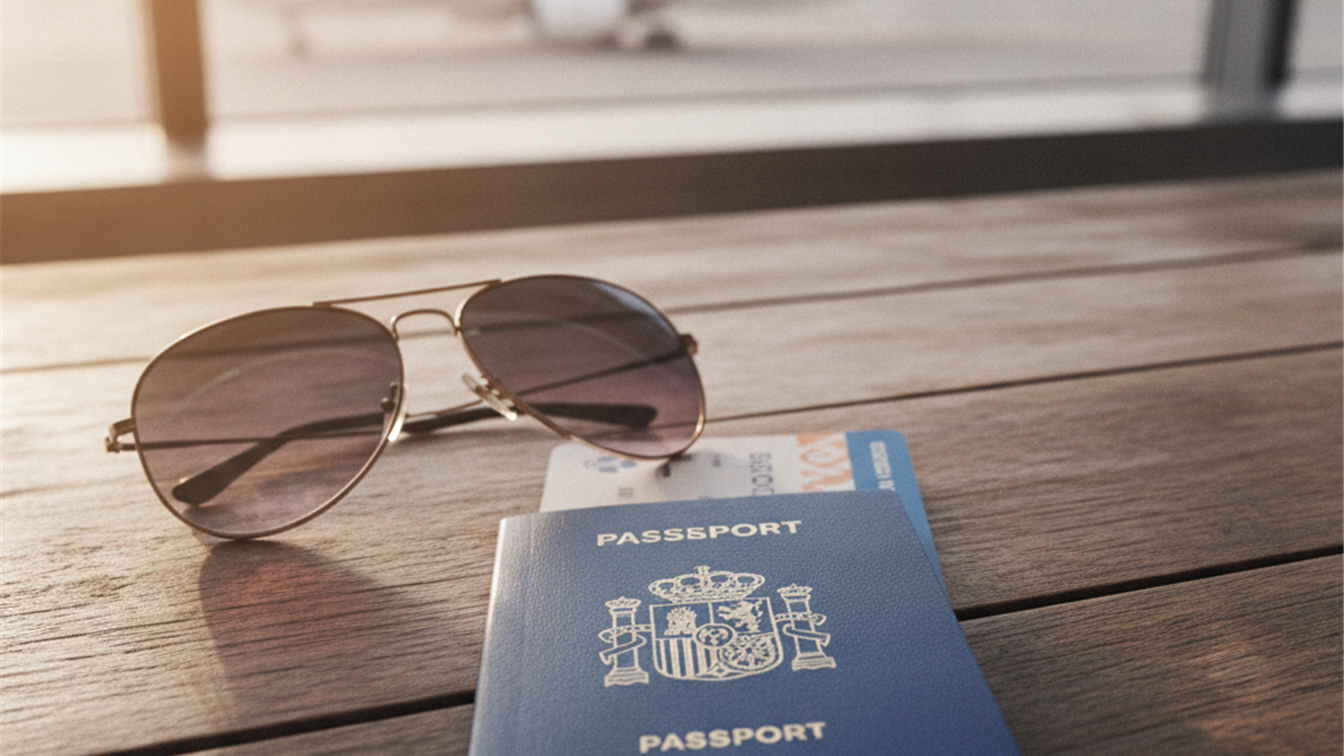 Tarjeta de embarque, pasaporte y gafas de sol sobre una mesa de cafeteria de aeropuerto