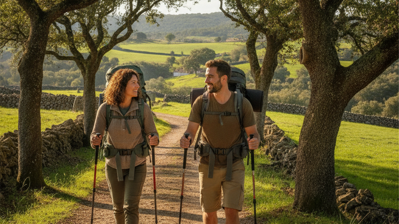 senderistas caminando por sendero rural en Espana