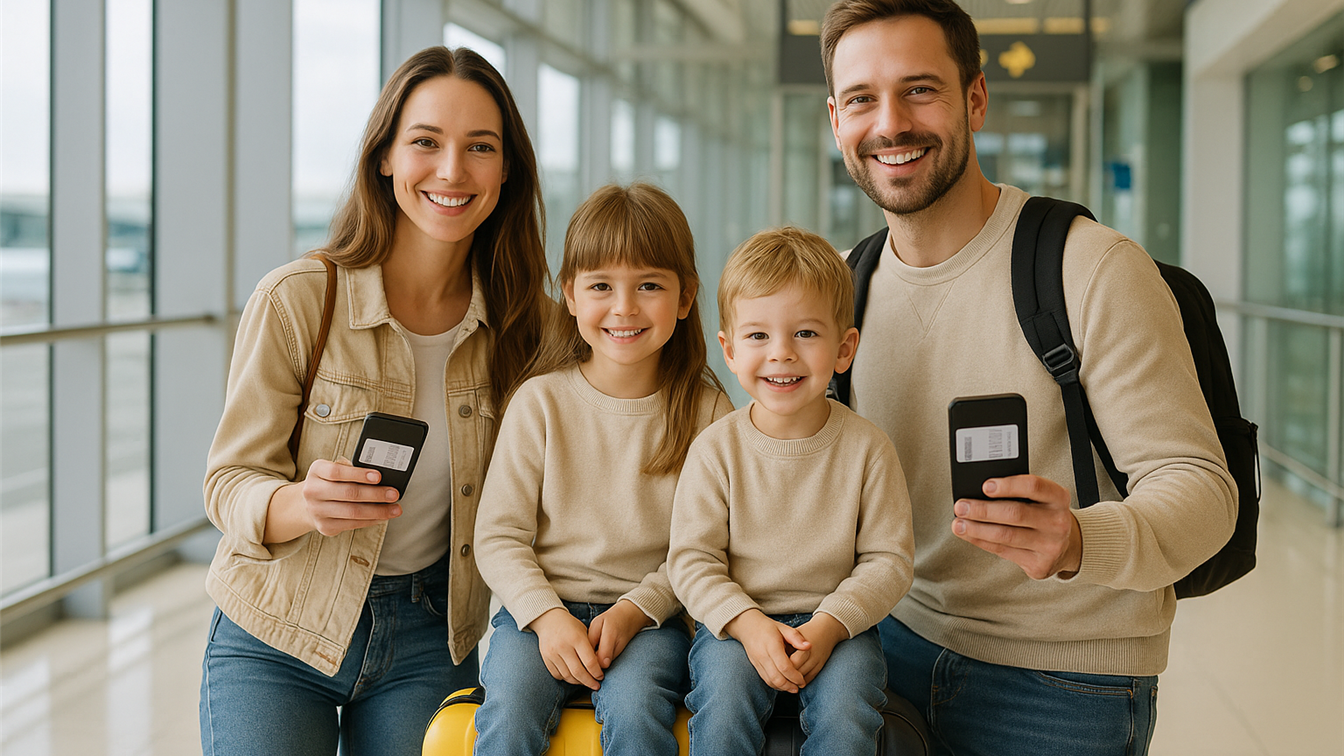 Familia con ninos en aeropuerto para viaje economico