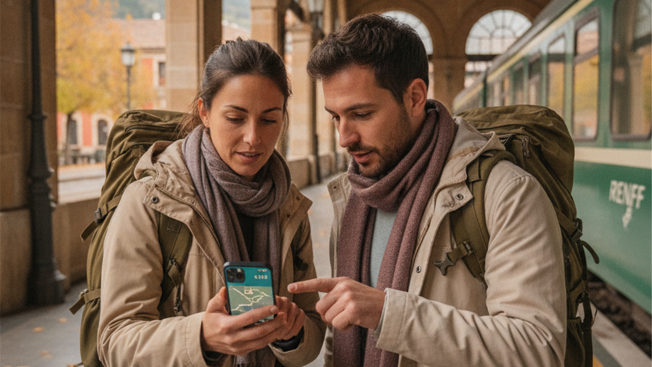 Mochileros consultando una app de viajes economicos en la estacion