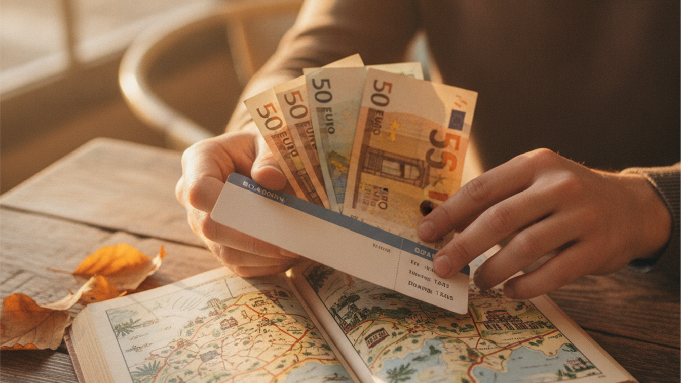 Tarjeta de embarque y billetes de euro sobre una guia de viaje