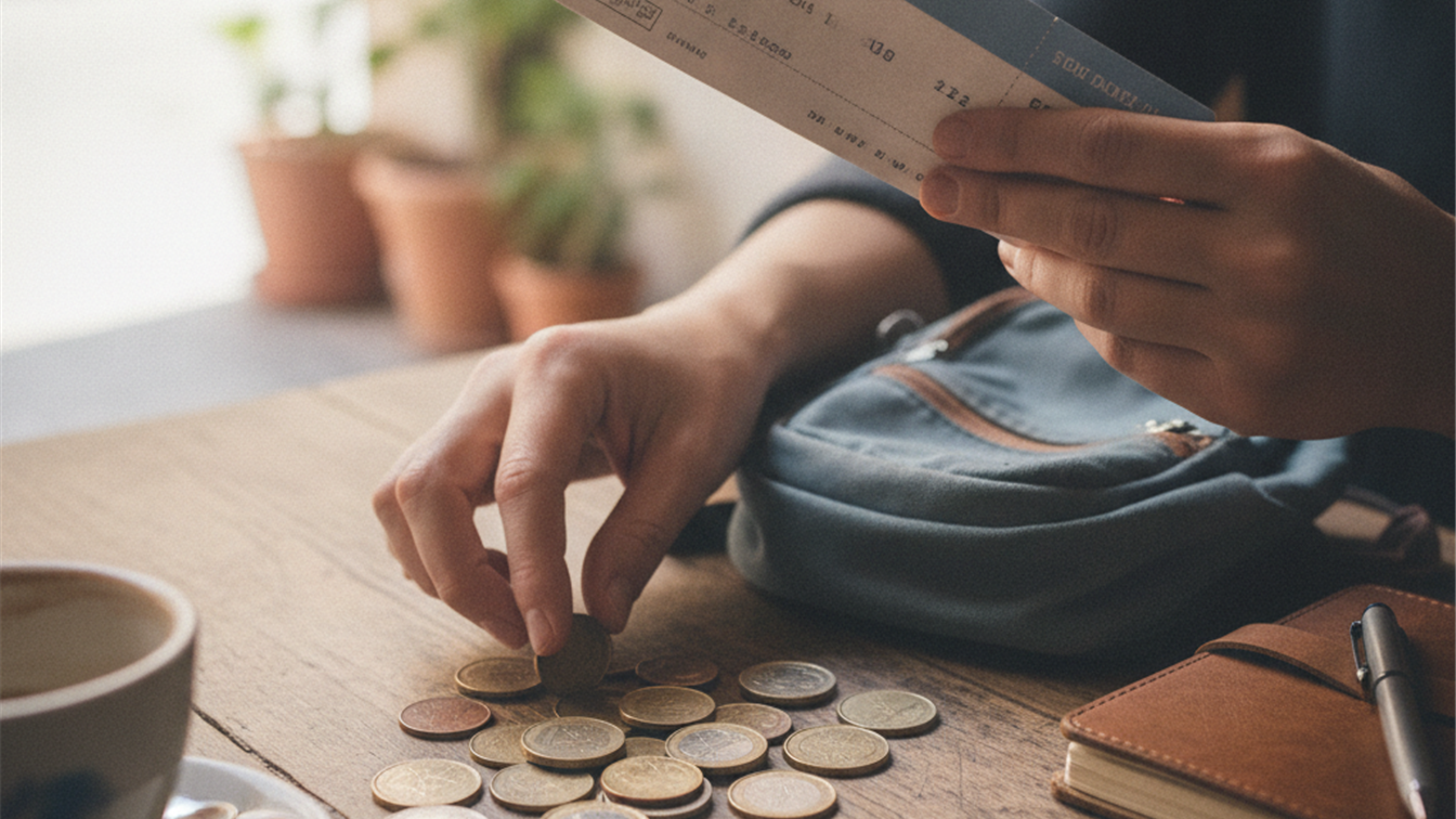Tarjeta de embarque y monedas para viajar barato
