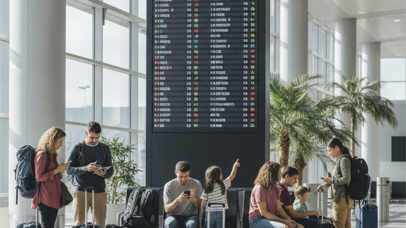 Viajeros con maletas esperando junto a un tablon de vuelos en un aeropuerto espanol