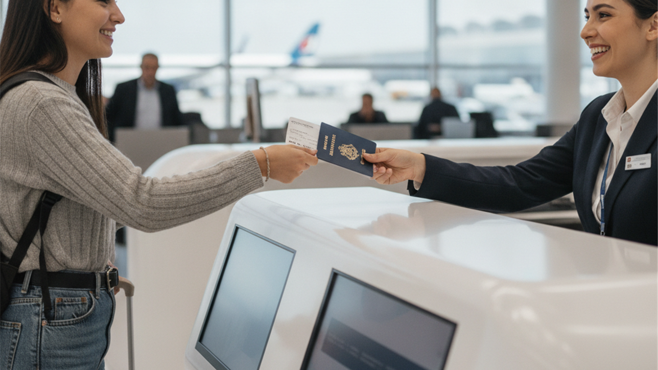 Viajero entregando pasaporte en mostrador de facturacion