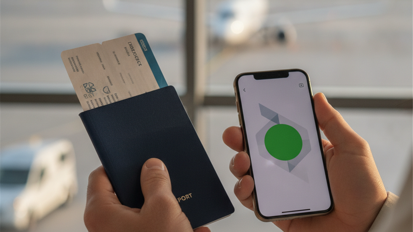 Pasaporte, tarjeta de embarque y app de autorizacion de viaje