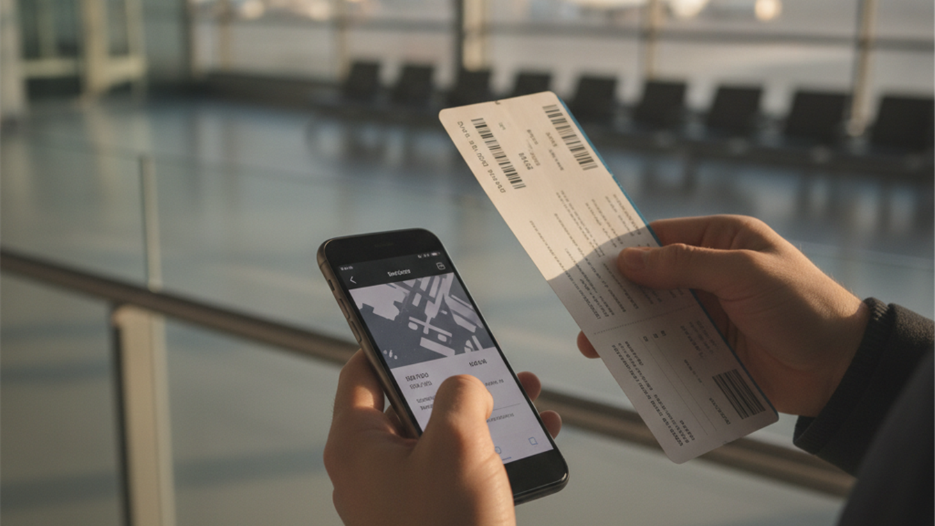 Viajero con tarjeta de embarque y app de vuelos