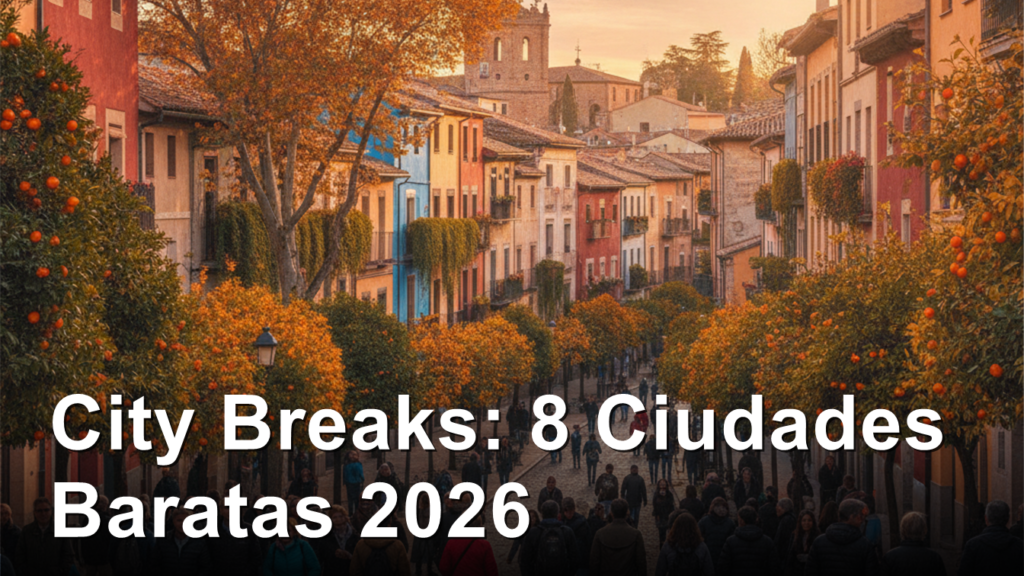 Ciudad europea medieval con calles adoquinadas y follaje de otono para city break barato