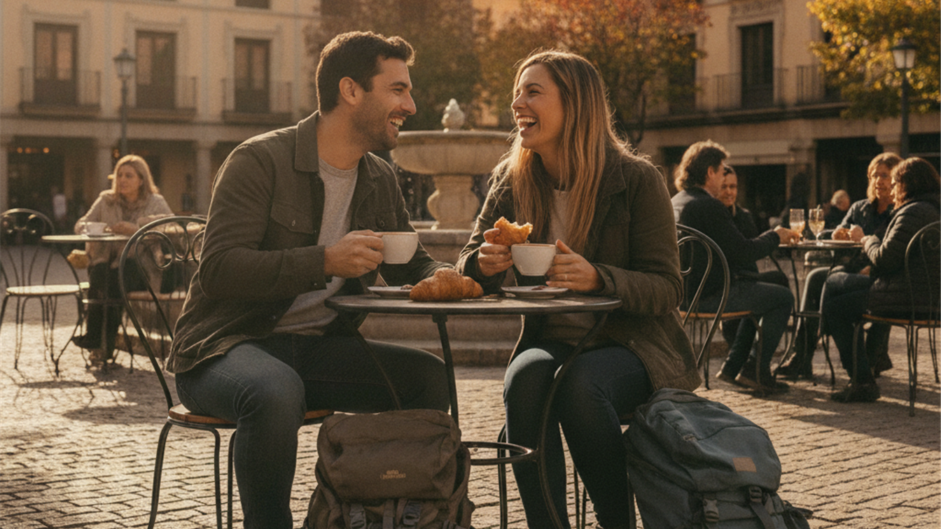 Pareja joven en terraza de cafe europeo disfrutando city break economico en otono