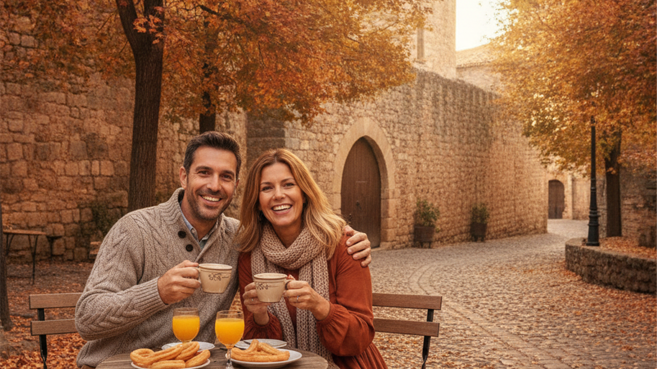 Pareja en escapada de fin de semana en pueblo medieval espanol en otono