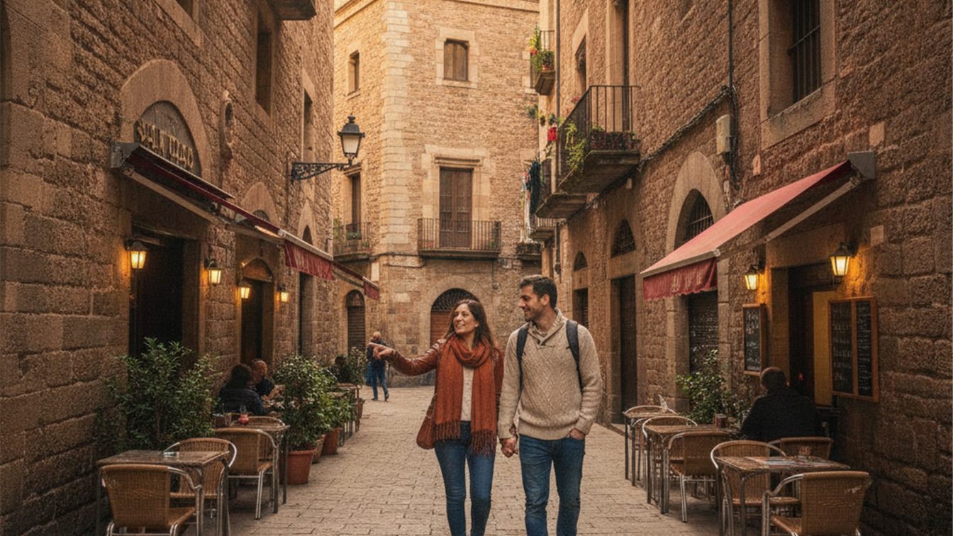 Turistas en calles historicas Barcelona otono 2026